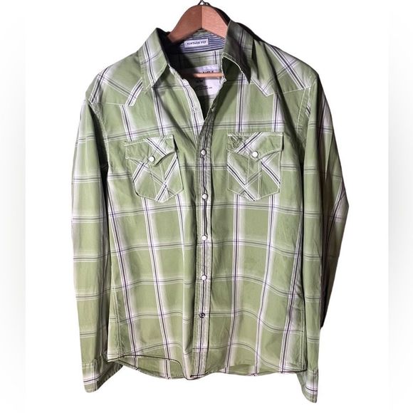 American Eagle Vintage Fit Snap Front Button Up Size Medium Plaid Lime White - Picture 1 of 12